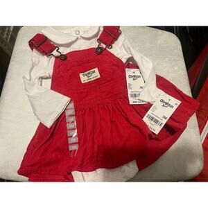 OshKosh B'Gosh Kids Baby Girl 3 Month Overall Red Corduroy Dress & Shirt NEW